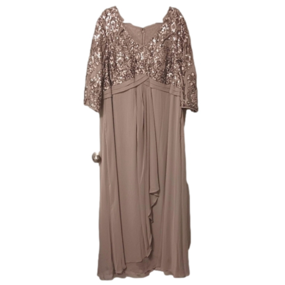 Alex Evenings Taupe Stretch Sequin Empire Waist Drape Front V-Neck 3/4 Sleeve 24